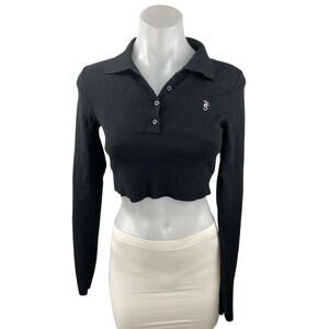 The Frankie Shop Women's Black Collared Long Sleeve Knit Crop Polo Shirt Top S